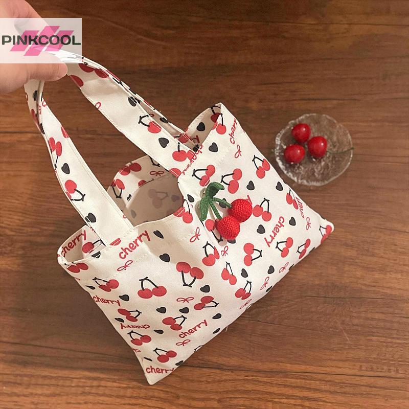 PINKCOOL น่ารักสีแดงเชอร์รี่พิมพ์ Tote ผ้าใบกระเป๋าขนาดใหญ่ความจุแบบพกพา Sundries กระเป๋าเก็บสาว Sweetmuter กระเป๋าสะพายของขวัญ HOT