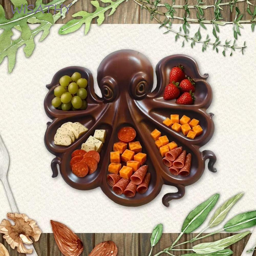 WISHATHY Octopus ถาดเสิร์ฟ, ถาดตกแต่ง Novelty Octopus Food Platter, Creative Partition ไม้ที่ไม่ซ้ํา
