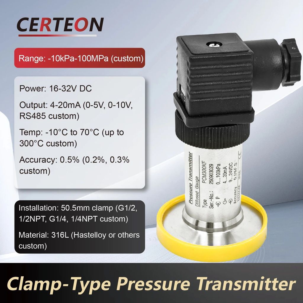 PCM300KF 316L เซ็นเซอร์ความดันสุขาภิบาล –100kPa ~ 7MPa KF Quick Mount 0–5V 0–10V 4–20mA RS485 Liquid