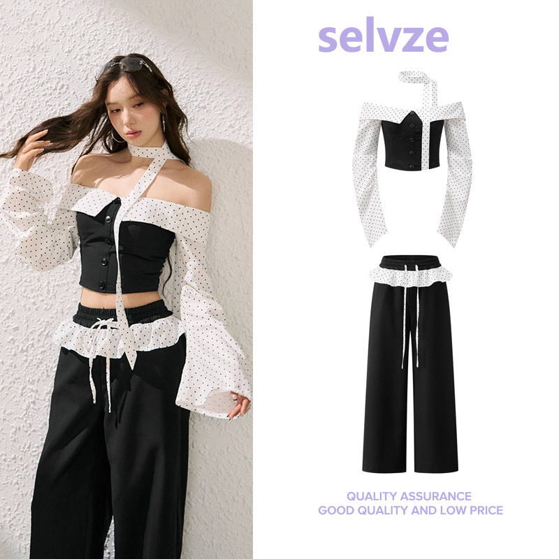 Selvze เสื้อ เกาะอก กางเกงสีดํา ชุด ชุดผู้หญิง ชุดไปคาเฟ่ กางเกงขายาว เสื้อแขนยาว ไปทะเล KU-DBGL0070A