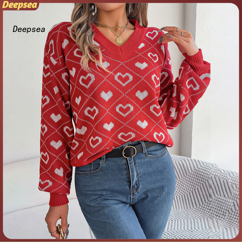 DPA Ribbed Trim สวมใส่ง่ายทุกวัน กับเสื้อกันหนาวสำหรับผู้หญิง ออกแบบหัวใจ V คอ สร้างสรรค์และอบอุ่น