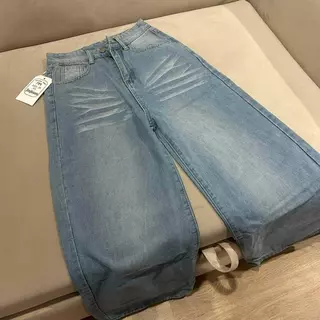 JINJEANS-3421 (XS-9XL) กางเกงยีนส์สีอ่อน baggy jeans แต่งหนวดแมวแบบพิเศษ
