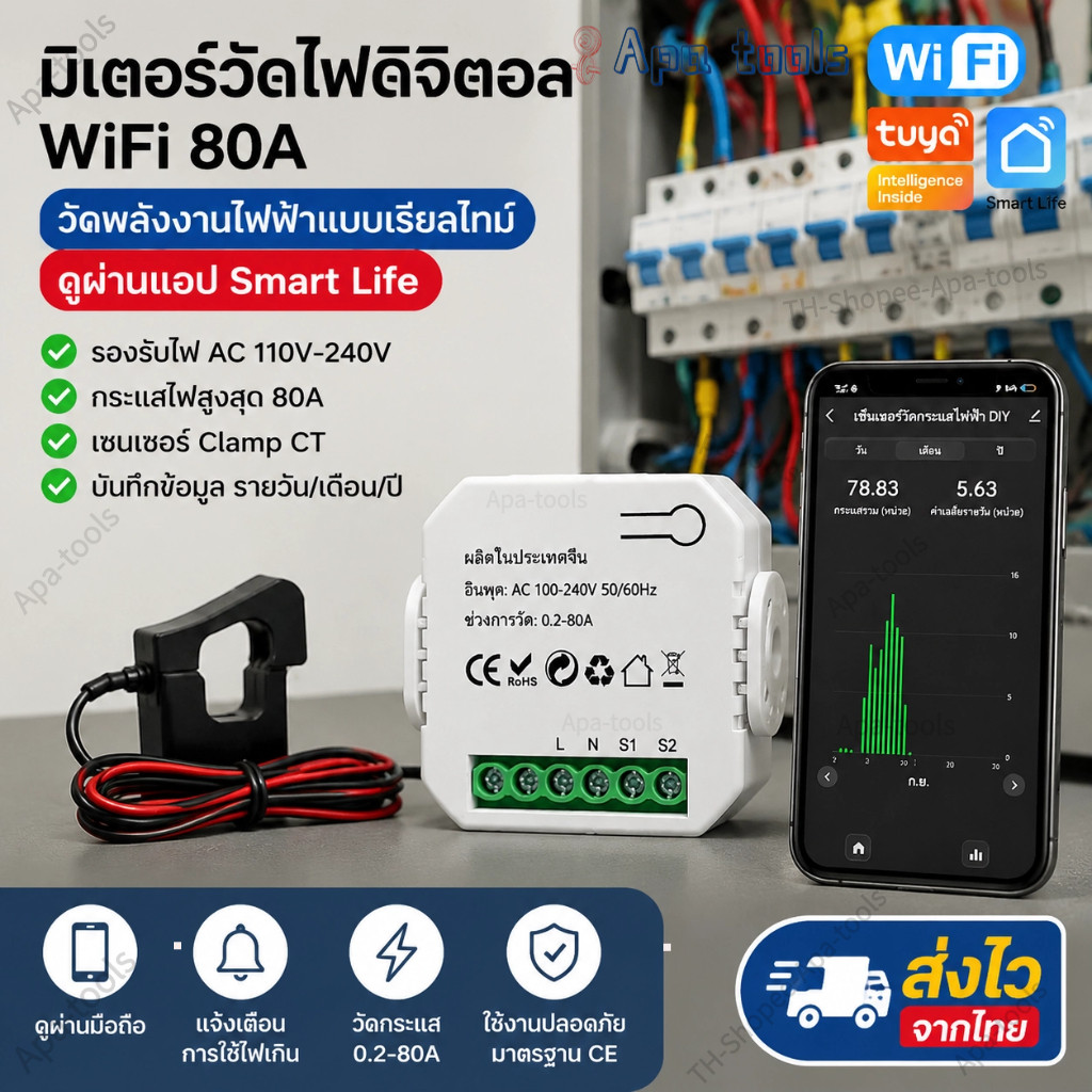 [ส่งไว] Tuya Smart WiFi มิเตอร์วัดไฟดิจิตอล 80A พร้อมเซนเซอร์ Clamp CT เครื่องวัดการใช้ไฟ ติดตั้งง่ายไม่ต้องตัดสายไฟ