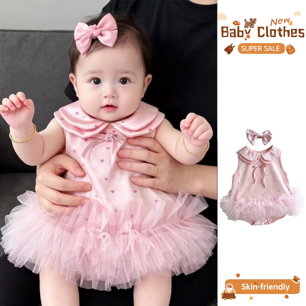 ฤดูร้อนใหม่เด็กสาวสีชมพูรัก ชุดจั๊มสูท 0-36 เดือนนุ่มสบายสไตล์เจ้าหญิงหวานฟูลมูน 100 วันชุดหนึ่งปีบอดี้สูท