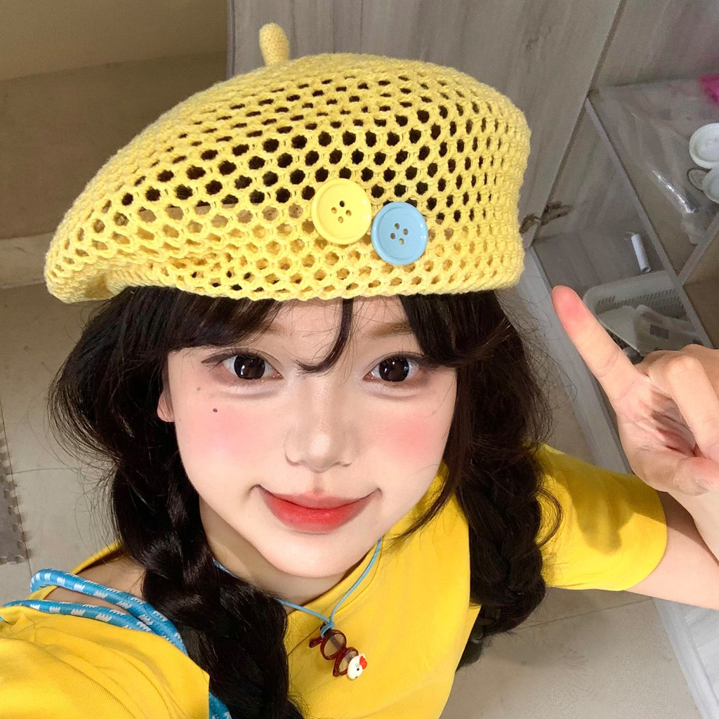 บาง Breathable ปุ่ม Hollow ทอ Beret ผู้หญิงฤดูร้อนหัวใหญ่เส้นรอบวง Artistic Newsboy จิตรกรหมวก