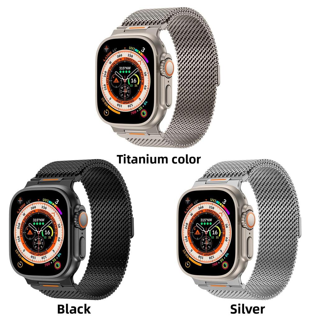 Magnetic Milanese Sport Band สีส้ม Accent Titanium Strap Sweatproof สําหรับ Apple Watch Ultra 2 Series 10 9 8 SE 38 มม.ถึง 49 มม.สายรัดข้อมือ