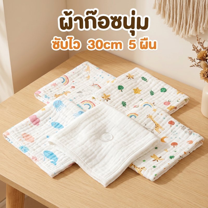 ผ้าเช็ดหน้าเด็ก ผ้าก๊อซ 6 ชั้น นุ่มพิเศษ ซับน้ำไว ระบายอากาศ ปลอดภัยผิวทารก เซต 5 ผืน