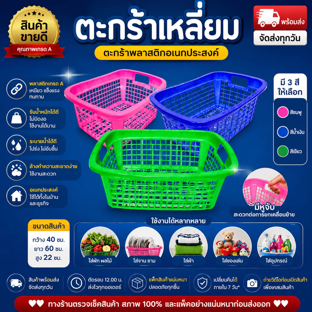ตะกร้าเหลี่ยมพลาสติก ทรงเปล รุ่น412 ขนาด 30x42 ซม. ตะกร้าใส่ผ้า ตะกร้าใส่ของ พลาสติกเกรดA