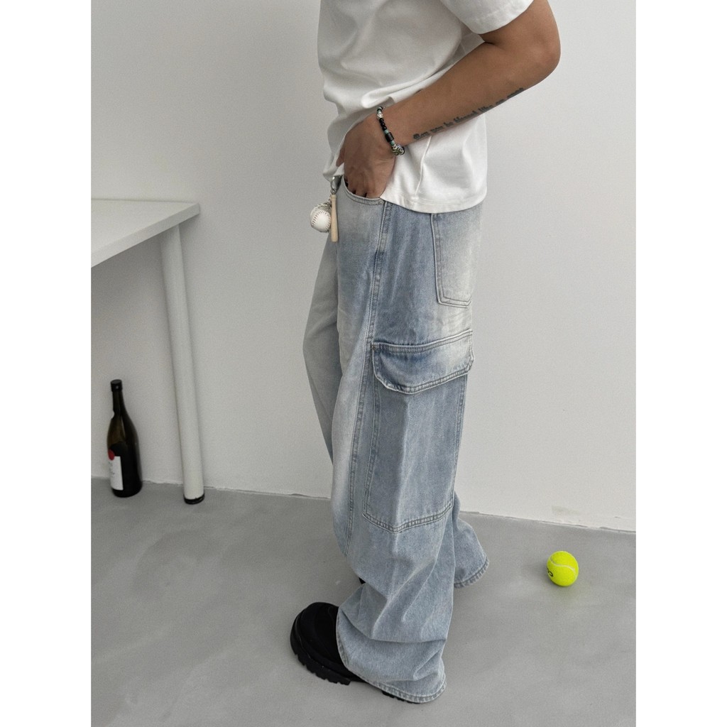 Profile oversize Loose Washed Distressed Workwear Large Pocket Light Blue Jeans
