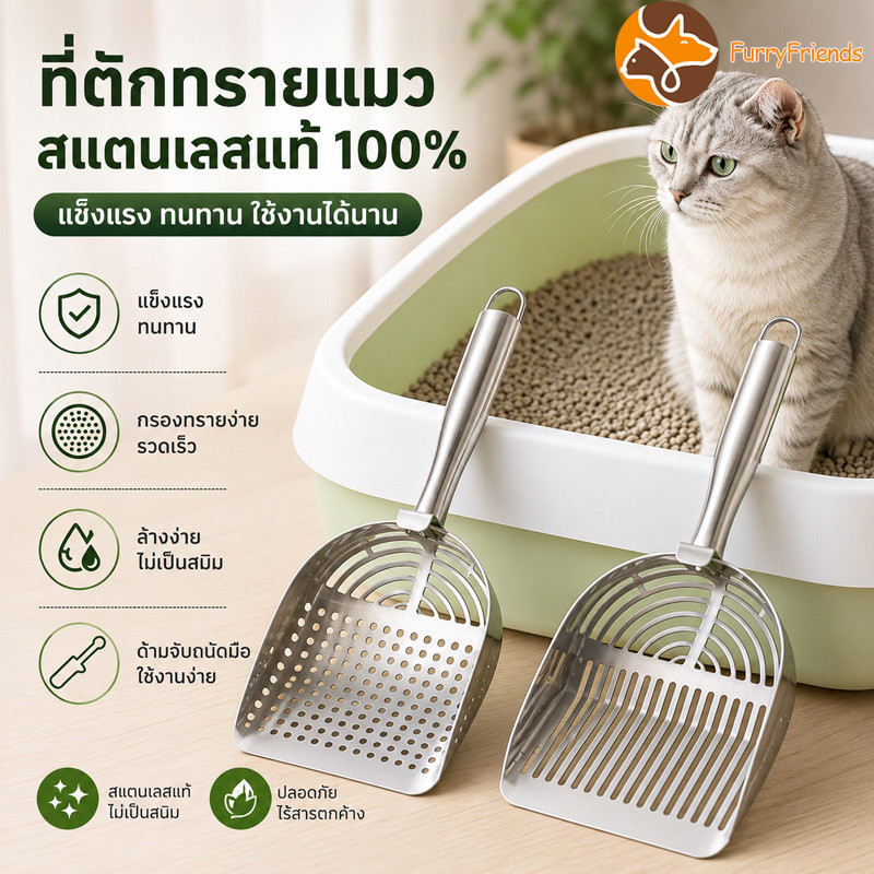 ที่ตักทรายแมว สแตนเลสแมวพลั่ว ไม่มีการเปลี่ยนรูป เหมาะสำหรับครอกแมวทุกชนิด ทนทานเป็นพิเศษ