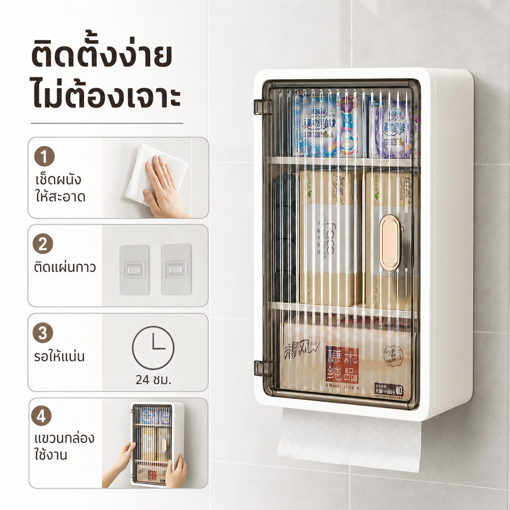ตู้ติดผนังไม่ต้องเจาะ กันน้ำ กันชื้น ใช้ได้ 2 ห้อง – ห้องน้ำเก็บของอาบน้ำ ห้องนอนเก็บเครื่องสำอาง