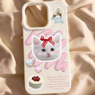 เคสไอโฟน11 For iPhone 15 13 12 16 17 14 11 PRO MAX เคส ปลอกสีขาวเป็นมิตรต่อสิ่งแวดล้อม ลูกแมวเค้กสีฟ้าสีชมพูแห่งความรัก