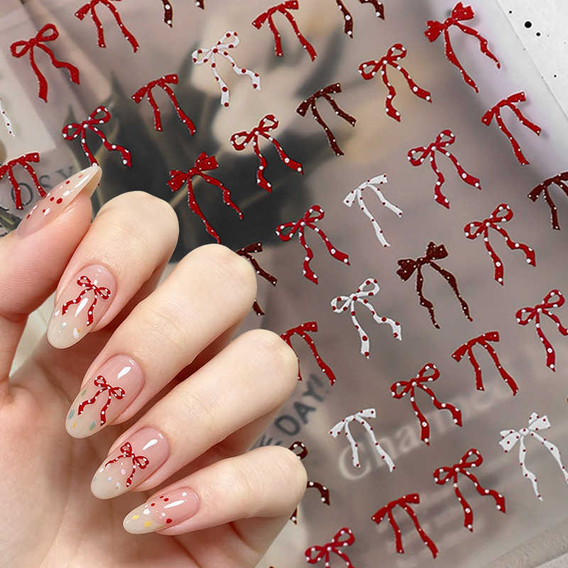 Polka Dot Bow สติ๊กเกอร์ติดเล็บแบบมีกาวในตัว Bowknot Nail Art Decals DIY ตกแต่งเล็บ