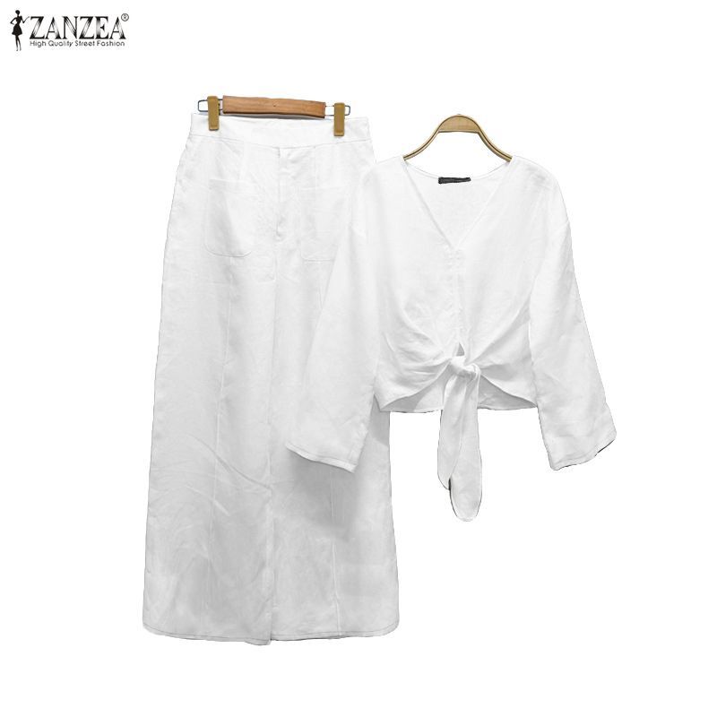 Zanzea ผู้หญิงเกาหลีสีทึบ Twist Knot V คอยาวแขนยาวไม่สม่ําเสมอ Hem เสื้อกางเกงขายาวชุดสองชิ้น