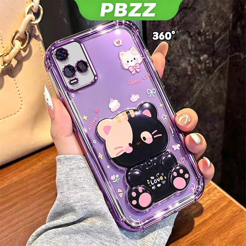 สําหรับ VIVO Y21 Y21S Y21A Y21t Y33T Y33s Y21G เคสโทรศัพท์ซิลิโคนกันกระแทกฝาครอบใหม่ความงามพร้อมผู้ถือแมวน่ารักโปร่งใสสําหรับสาวสีม่วง SJMMZJ4