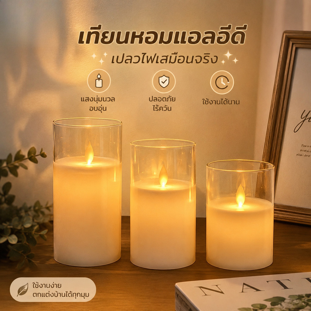เทียนไฟฟ้าใช้ถ่าน เทียนปลอม ไฟกลางคืนสำหรับตกแต่งโต๊ะและบ้าน A00156