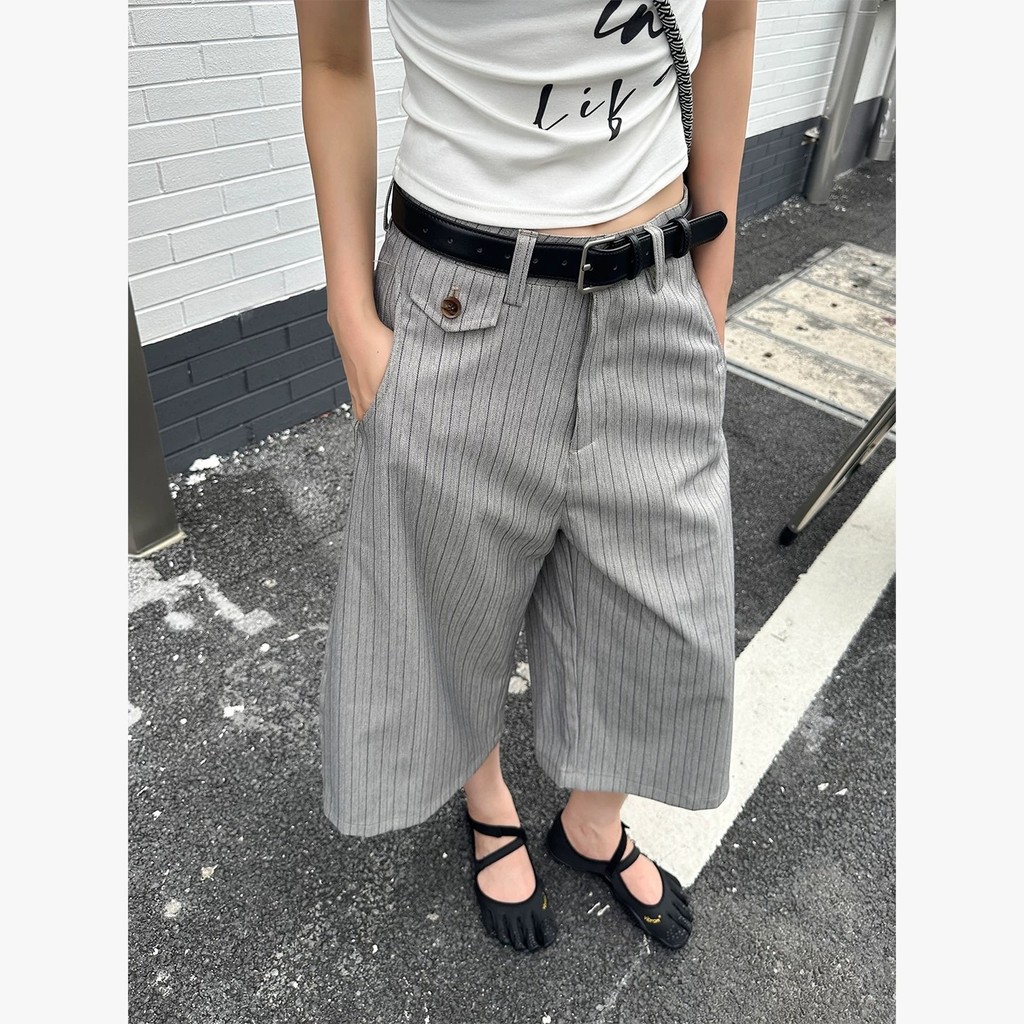 Retro Old Money สไตล์ผสมลาย Cropped กางเกงผู้ชายผู้หญิง Drape กางเกงขาสั้นหลวม