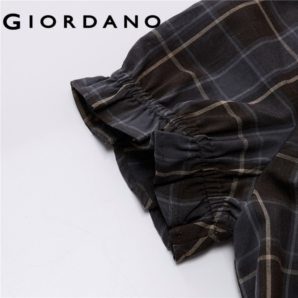 GIORDANO بلوزة نسائية كاروهات فينتج بياقة V وكشكش — صورة 6