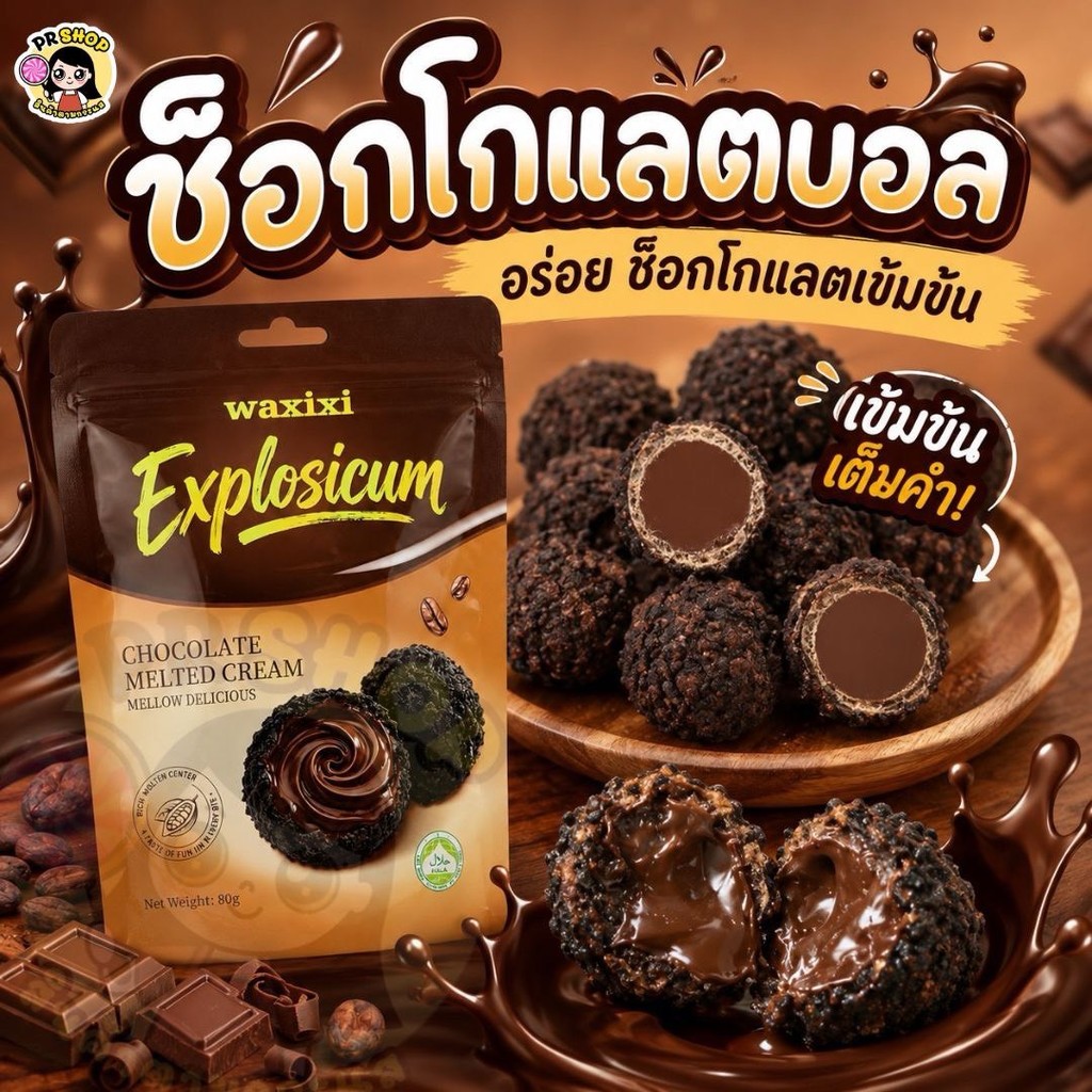 ช็อคโกบอล สอดไส้ช็อคโกแลตลาวา ขนาด80กรัม ข้างนอกเป็นผงกรอบๆ สอดใส้ช็อคเยิ้มๆ พร้อมส่งในไทย