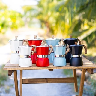 Moka Pot กาต้มกาแฟสดพกพา รุ่นหนา หม้อต้มกาแฟ ทรงแปดเหลี่ยม หูจับลายไม้ มีหลายสี