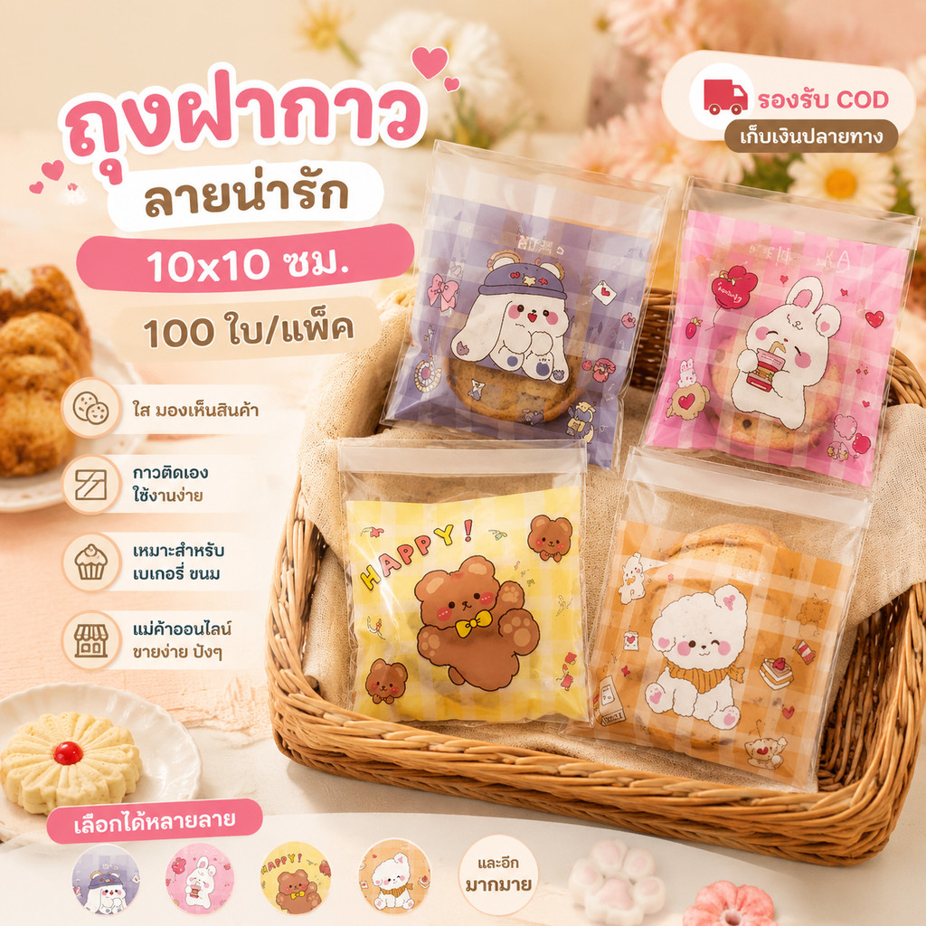 ถุงขนมลายน่ารัก 10x10 ซม. 100 ใบ ถุงฝากาว ถุงคุกกี้ แพ็กขนม DIY