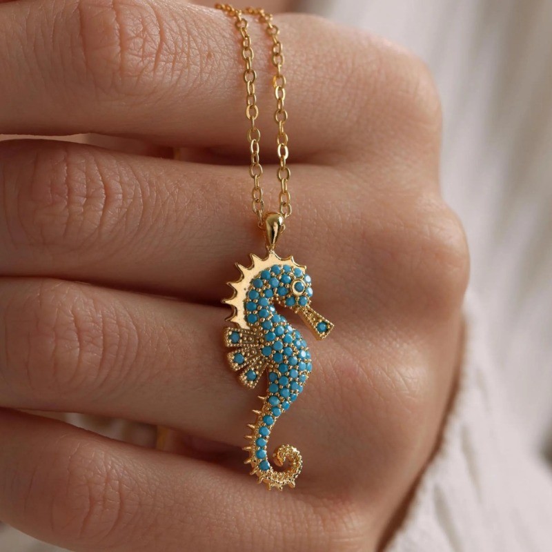 Turquoise Seahorse จี้สร้อยคอผู้หญิง 18K Gold Plated Ocean สัตว์ Choker Boho ฤดูร้อน Beach เครื่องประดับของขวัญอุปกรณ์เสริม