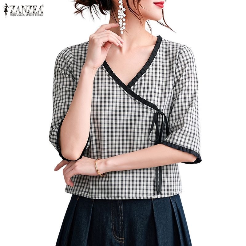 ZANZEA ผู้หญิงเกาหลีวินเทจ V คอกลางแขนด้านข้าง Tie-Up Contrast Edge Checkered เสื้อเบลาส์ — صورة 6