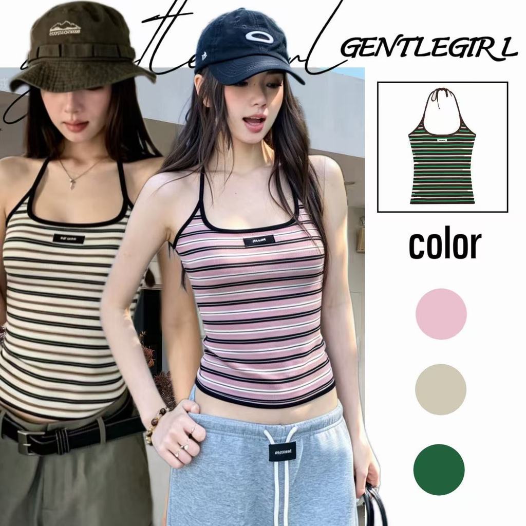 #GG🎀เสื้อสายเดี่ยวคอยูแบบผูกคอ ลายทาง ยืดหยุ่นสูง สวมใส่ได้หลากหลาย ช่วยให้ดูผอมเพรียว