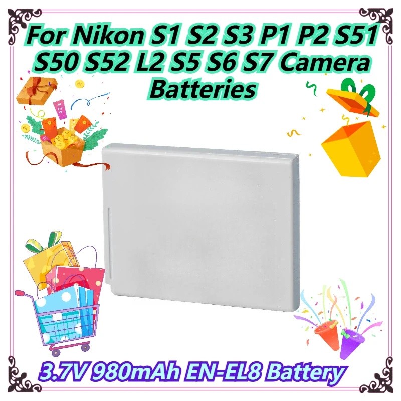 3.7V 980mAh EN-EL8 แบตเตอรี่สําหรับ Nikon S1 S2 S3 P1 P2 S51 S50 S52 L2 S5 S6 S7 แบตเตอรี่กล้อง