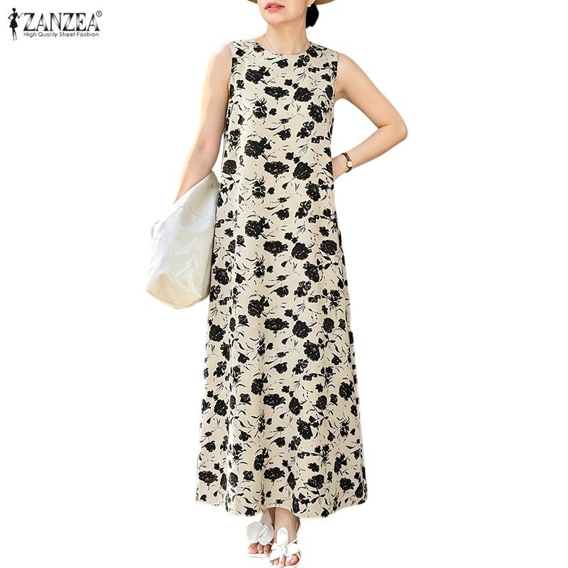 ZANZEA ชุดเดรสคอกลมแขนกุดสไตล์เกาหลีสําหรับผู้หญิง Ditsy พิมพ์ลายดอกไม้หลวม A-Line Sundress