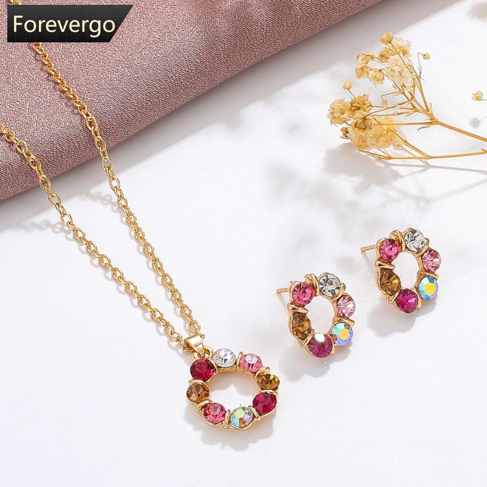 FVG รอบสีสัน Rhinestone ฝังจี้สร้อยคอและ Drop ต่างหูชุดเครื่องประดับจับคู่สองชิ้นสําหรับผู้หญิง