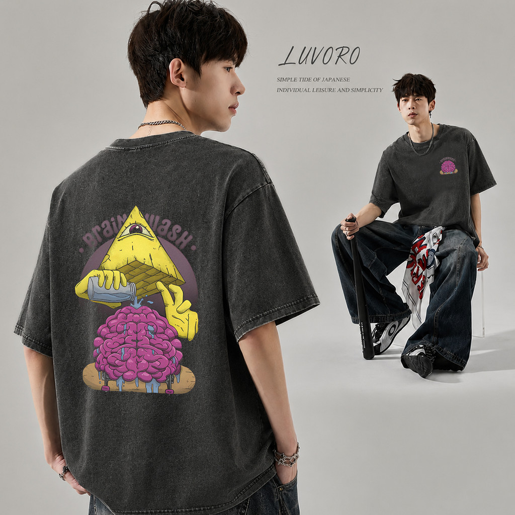 (COD) LUVORO T-Shirt ลาย เนื้อผ้านุ่มระบายอากาศดี ผู้ชายเสื้อยืด ฟอก วินเทจคอกลมแขนสั้น Oversize เสื้อยืดผ้าฟอก C2005 VT