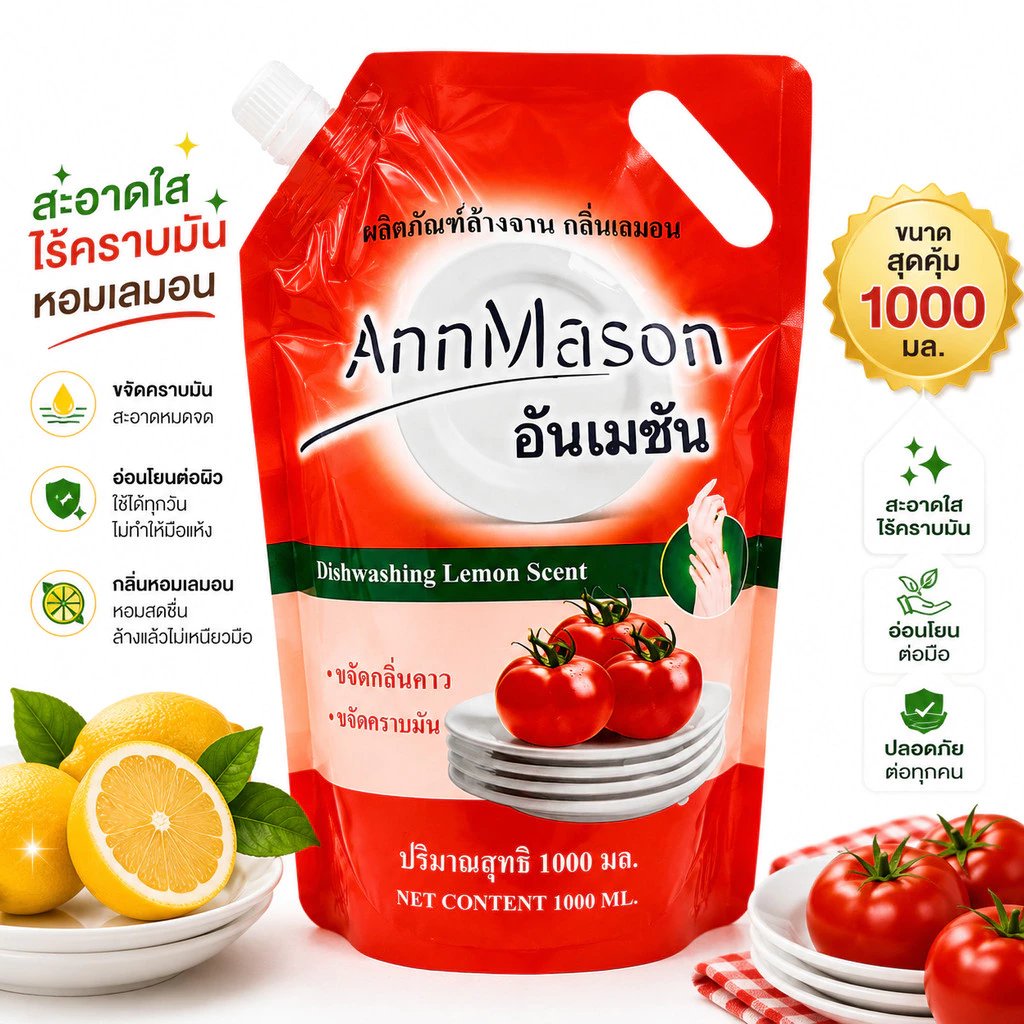 XJJ-01【annmason】 น้ำยาล้างจาน กลิ่นเลมอน 1000 มิลลิลิตร สูตรเข้มข้น ถุงเติมพร้อมฝาเท