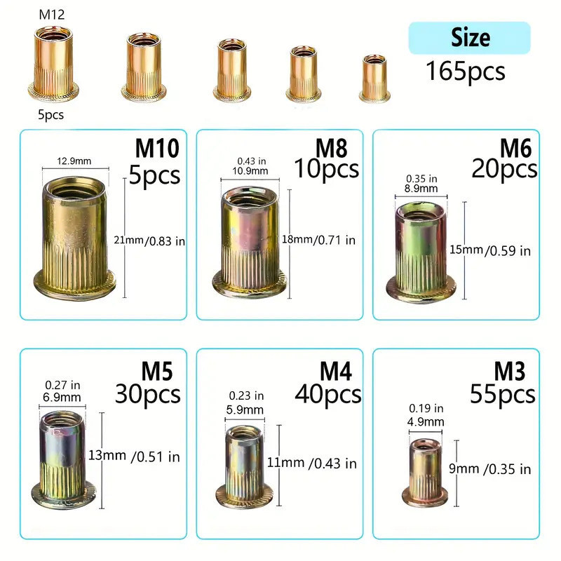 กล่อง Boxed Rivet Nut 165pcs เหล็กคาร์บอนหัวแบนแนวตั้ง Rivet Nut Rivet Nut ชุดผสม SBWM