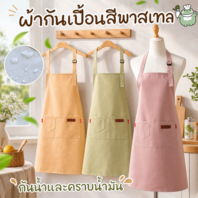 ผ้ากันเปื้อนสีพาสเทล ผ้ากันเปื้อนทำอาหาร กันน้ำและคราบน้ำมัน สายปรับระดับได้ ไม่เป็นขุย มีช่องใส่ของ สำหรับเชฟและงานครัว