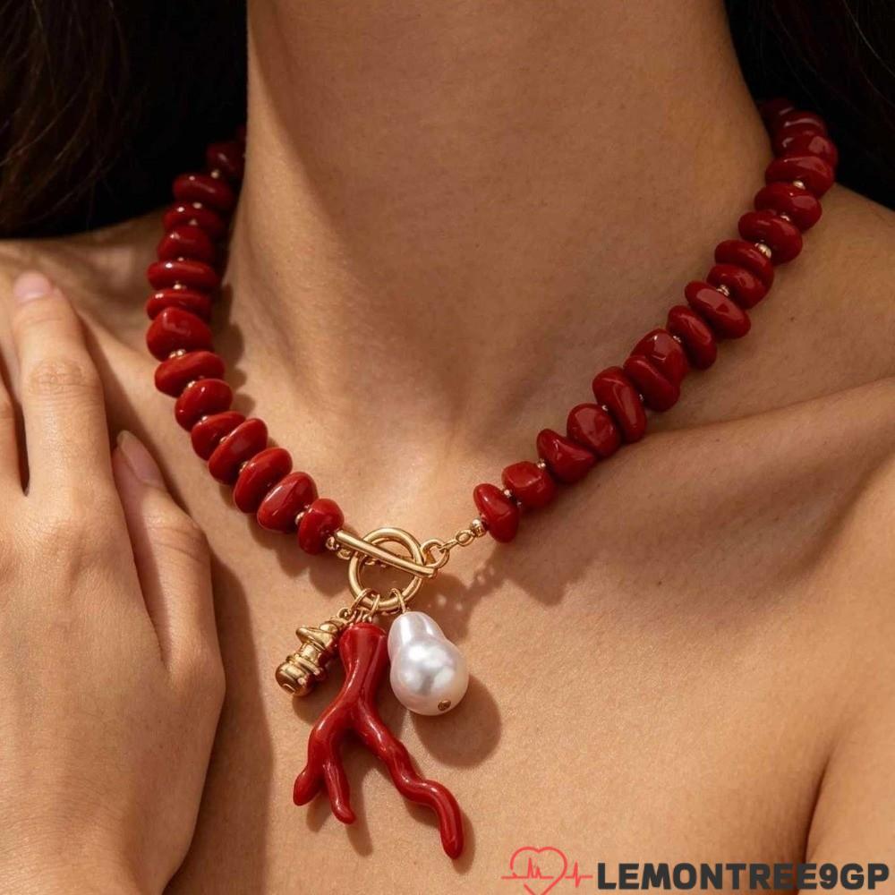 LEMONTREE9GP จี้สร้อยคอChoker, OT หัวเข็มขัดไม่สม่ําเสมอสร้อยคอลูกปัดปะการัง, Elegant ปรับสีแดง Baro