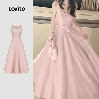 Lovito สง่างาม เดรส โบว์หน้า สีชมพู สําหรับผู้หญิง ฤดูใบไม้ผลิ/ฤดูร้อน เกาหลี อินเทรนด์ L179AD044