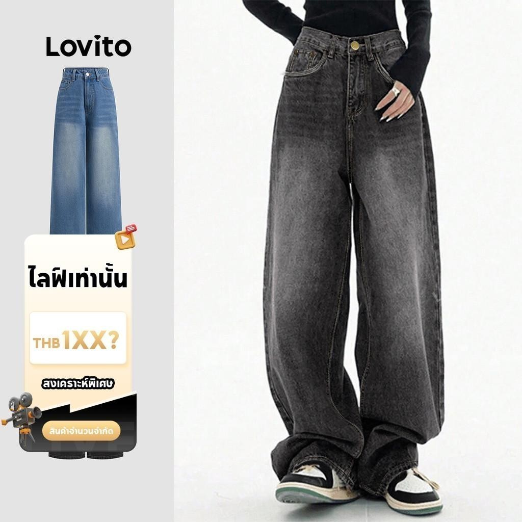 (LIVE STREAM SALE) Lovito แคชชวล กางเกงยีนส์พ็อกเก็ตวิสกีร์แมวธรรมดาสำหรับผู้หญิง เกาหลี อินเทรนด์ L