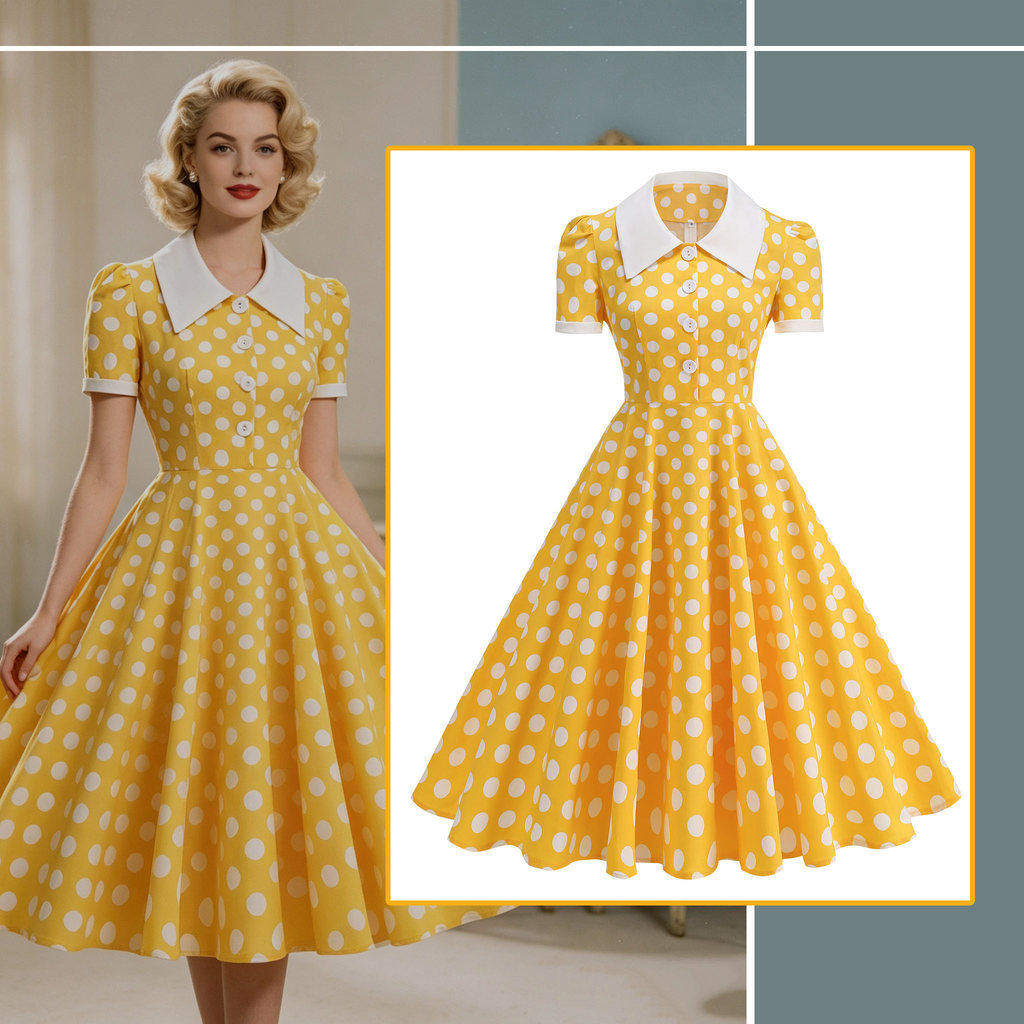 Baju Prom Vintaj~50s Hepburn Vintage Polka Dot Dress, Elegant สําหรับออกเดท, Commute รายวัน, การถ่าย