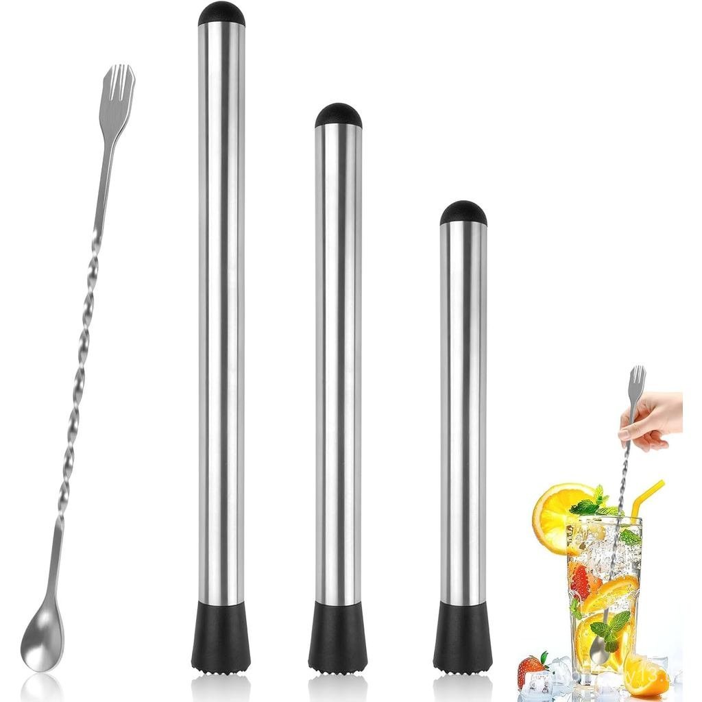 Muddler สําหรับค็อกเทล, 4 แพ็คค็อกเทล Muddler 8 "10" 12" และบาร์ช้อนชุด, สแตนเลส Muddler เครื่องมือส