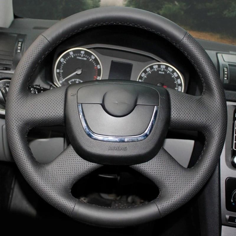 DIY สีดําหนังเทียมพวงมาลัยรถสําหรับ Skoda Octavia Superb 2012 Fabia Skoda Octavia a5 2012auto ชิ้นส่