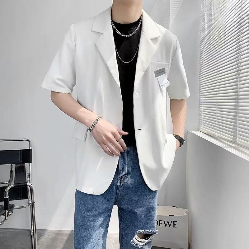J32 Mens Solid Color Short-Sleeved Small Blazer Puffian ผู้ชายหล่อเกาหลี#J32男士纯色短袖小西装外套痞帅男装韩