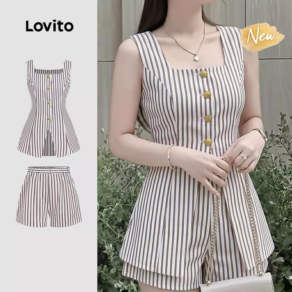 (New Arrival) Lovito เสื้อลําลองหรือกางเกงติดกระดุม สีน้ําตาล ท็อปหรือกางเกงสําหรับผู้หญิง ฤดูใบไม้ผลิ/ฤดูร้อน SHB198P1D239