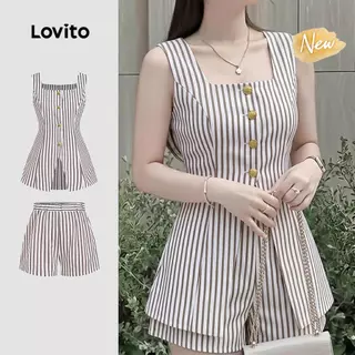 (New Arrival) Lovito เสื้อลําลองหรือกางเกงติดกระดุม สีน้ําตาล ท็อปหรือกางเกงสําหรับผู้หญิง ฤดูใบไม้ผลิ/ฤดูร้อน SHB198P1D239