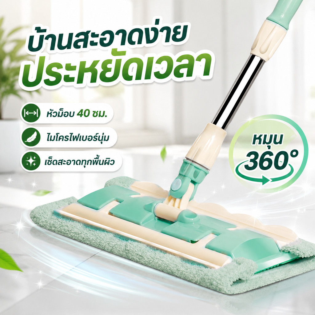 ไม้ถูพื้นไมโครไฟเบอร์ 40CM หัวหมุน 360° ด้ามยืดได้ 90-125CM ใช้ได้ทั้งเปียกและแห้ง ทำความสะอาดง่าย