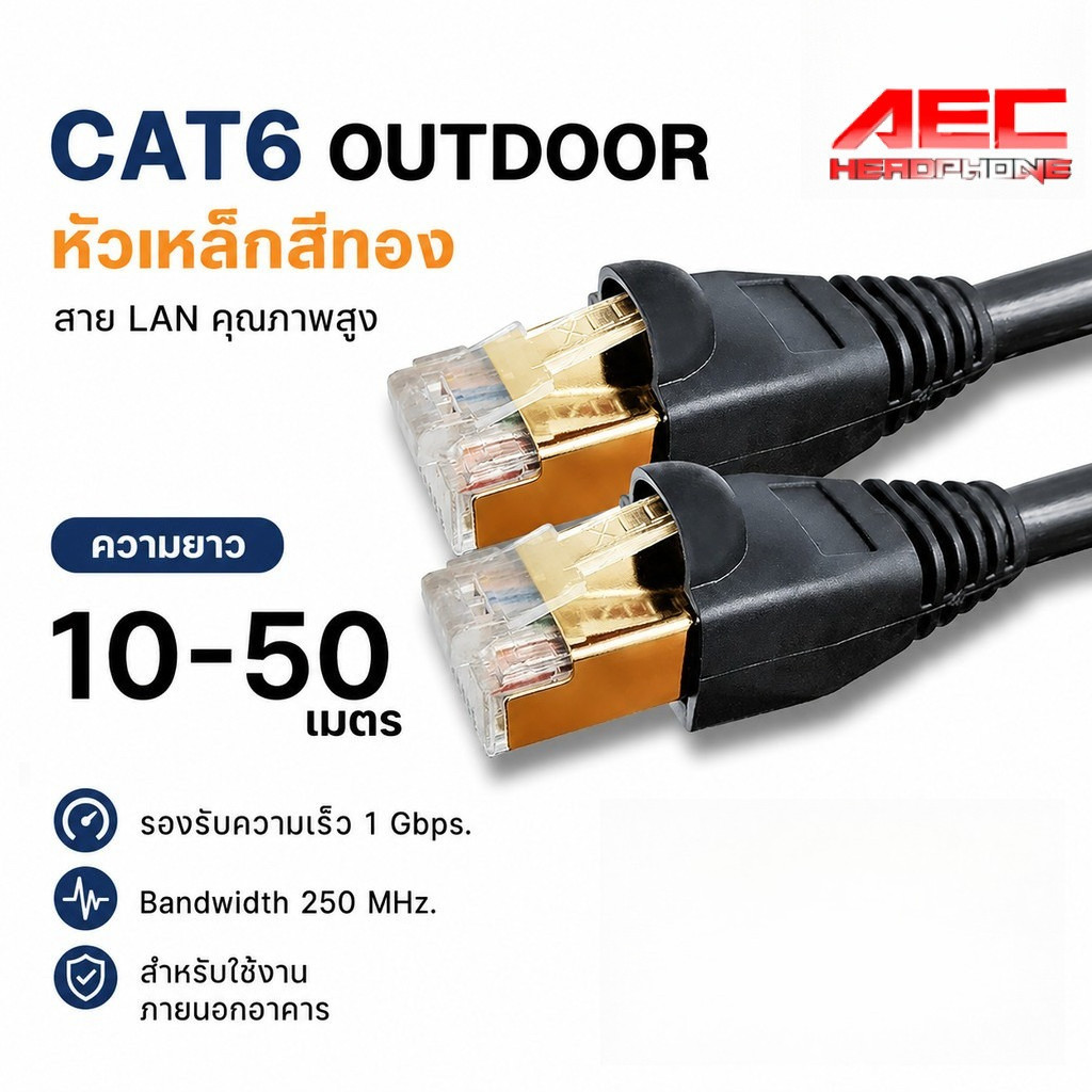 สาย LAN CAT6 Outdoor หัว RJ45 ชุบทอง Gold Plated รองรับ 1Gbps 250MHz ใช้ภายนอก 10-50 เมตร