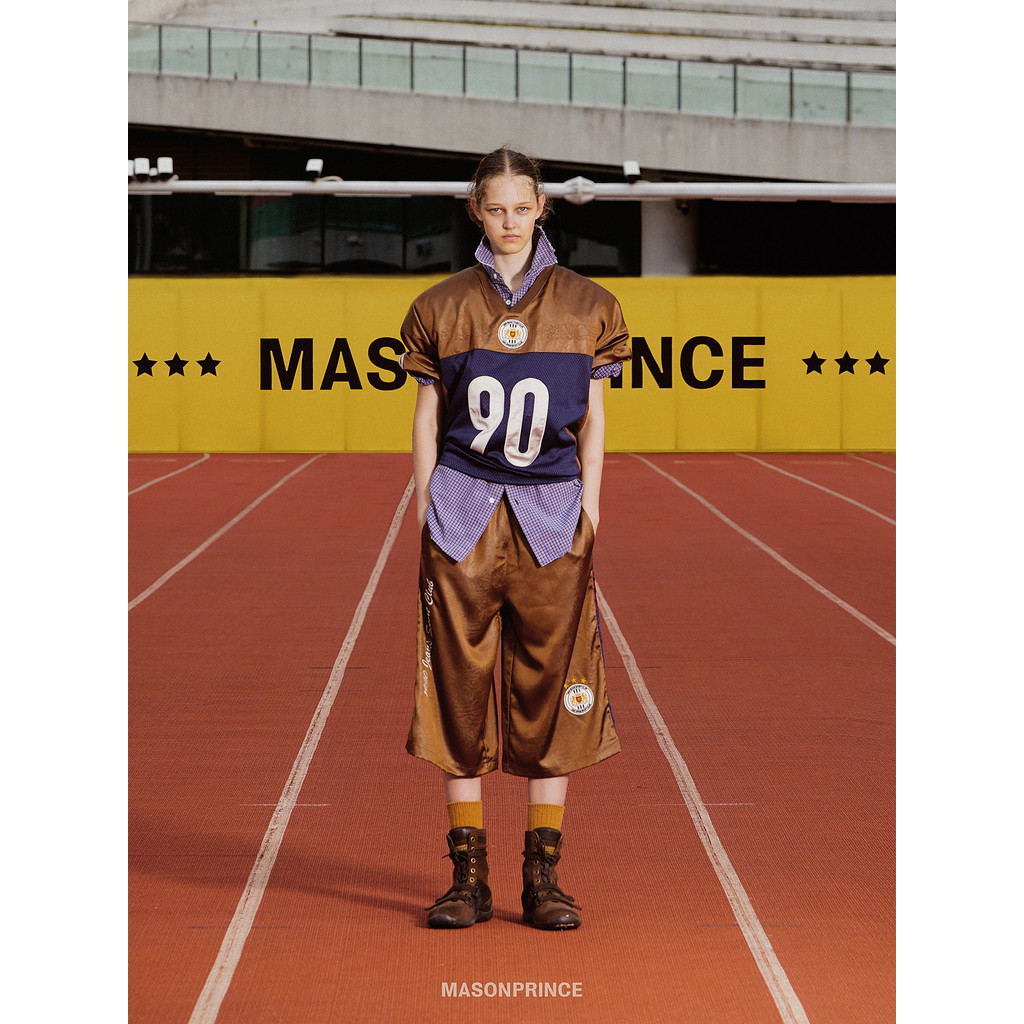 MASONPRINCE ฤดูใบไม้ร่วง lofi ยุคยอดนิยมหนัง Faux Texture Acetate V คอรักบี้ Jersey ชุดสูทผู้ชาย