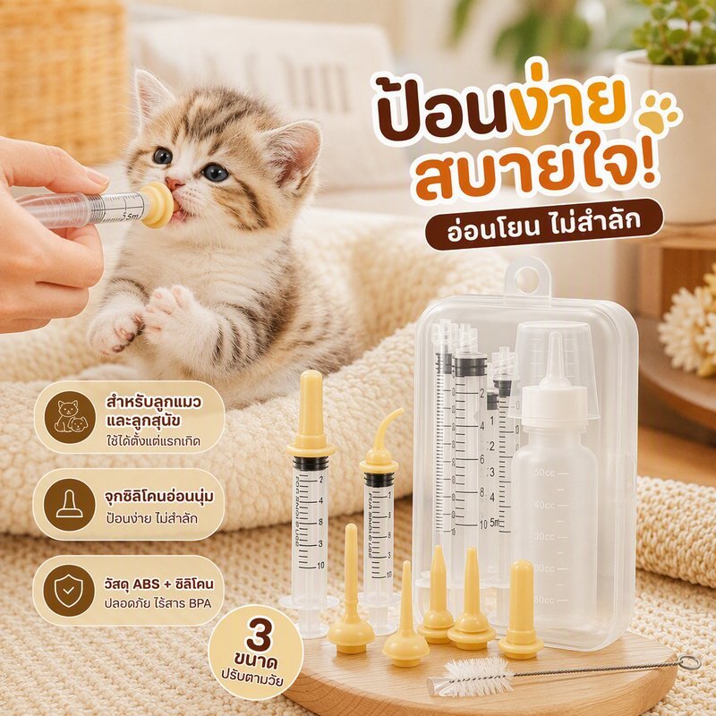ชุดป้อนสัตว์เลี้ยง ไซริงค์ป้อนยา ขวดนมลูกแมว จุกนมซิลิโคนกันสำลัก ABS ปลอดภัย หลายขนาด