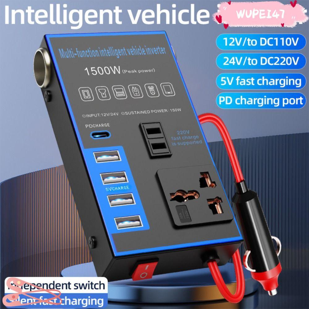 WUPEI47AD Power Adapter, 1500W DC 12V/24V To AC 220V รถอินเวอร์เตอร์,แบบพกพา 4 USB/PD Universal High
