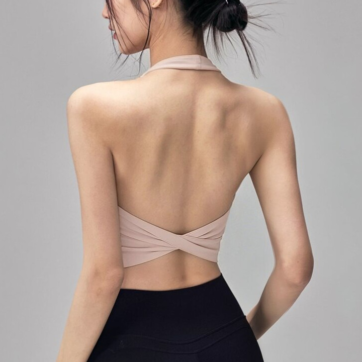 Sportangel (เบาะคงที่) สปอร์ตบราผู้หญิงเซ็กซี่ Cross Knot Skin-friendly Bra โยคะฟิตเนส